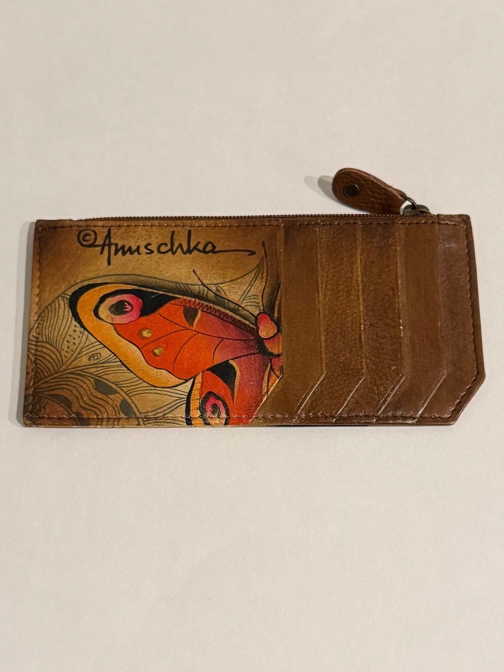 Anuschka RFID Blocking Brown Leather Card Holder with Coin Pouch
